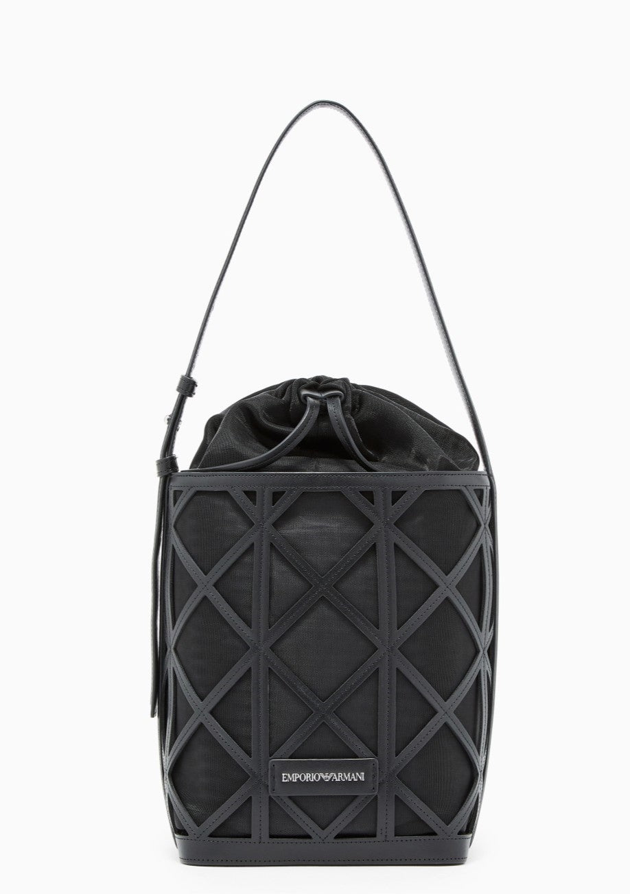 Mesh Leather Exterior Drawstring Bucket Bag