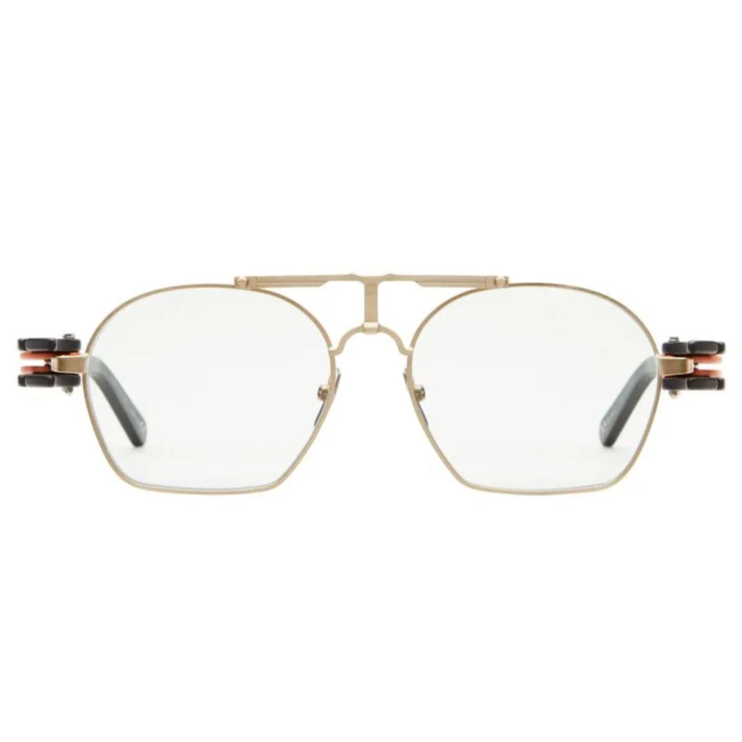 O24 Geometric Gold-tone Metal Eyeglasses with Architectural Temples