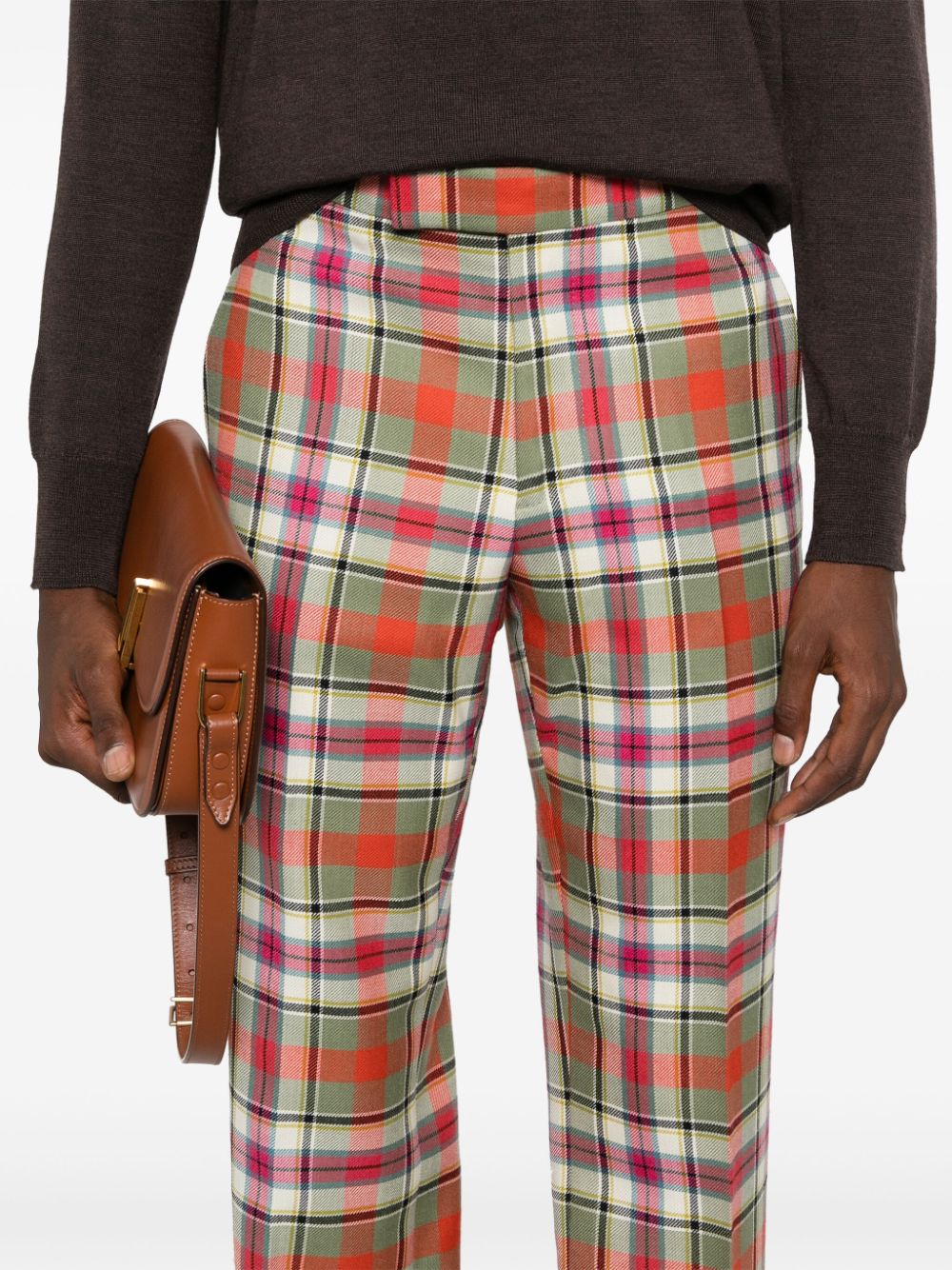 Full-Length Trousers in Light Red Tartan Wool