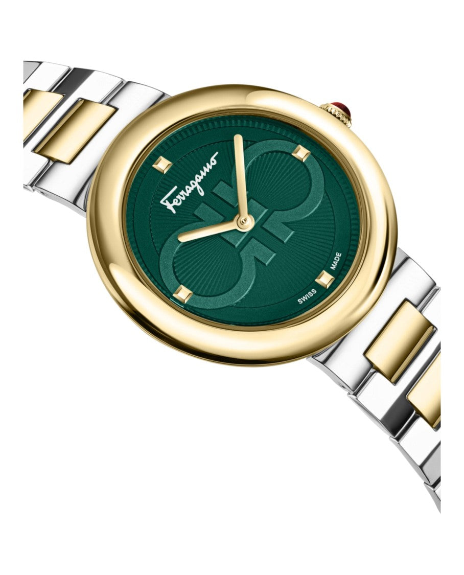 Two-Tone Bracelet Watch With Green Guilloche Dial