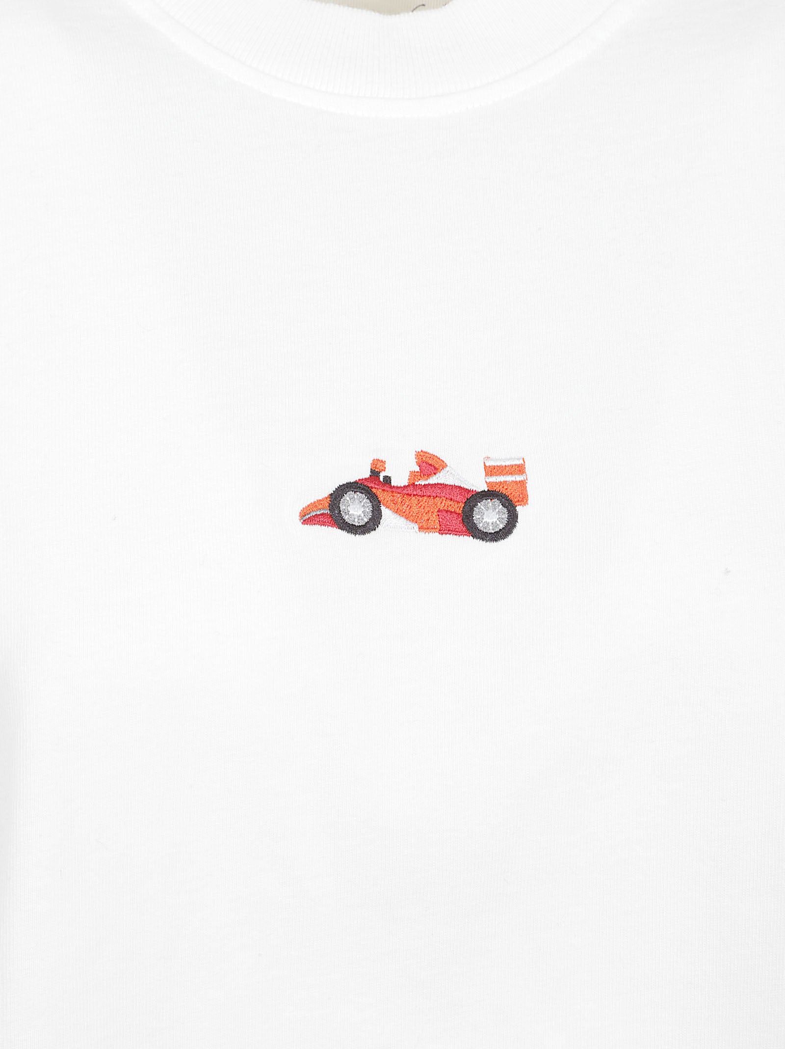 Relaxed Fit White T-Shirt with Embroidered Red Race Car