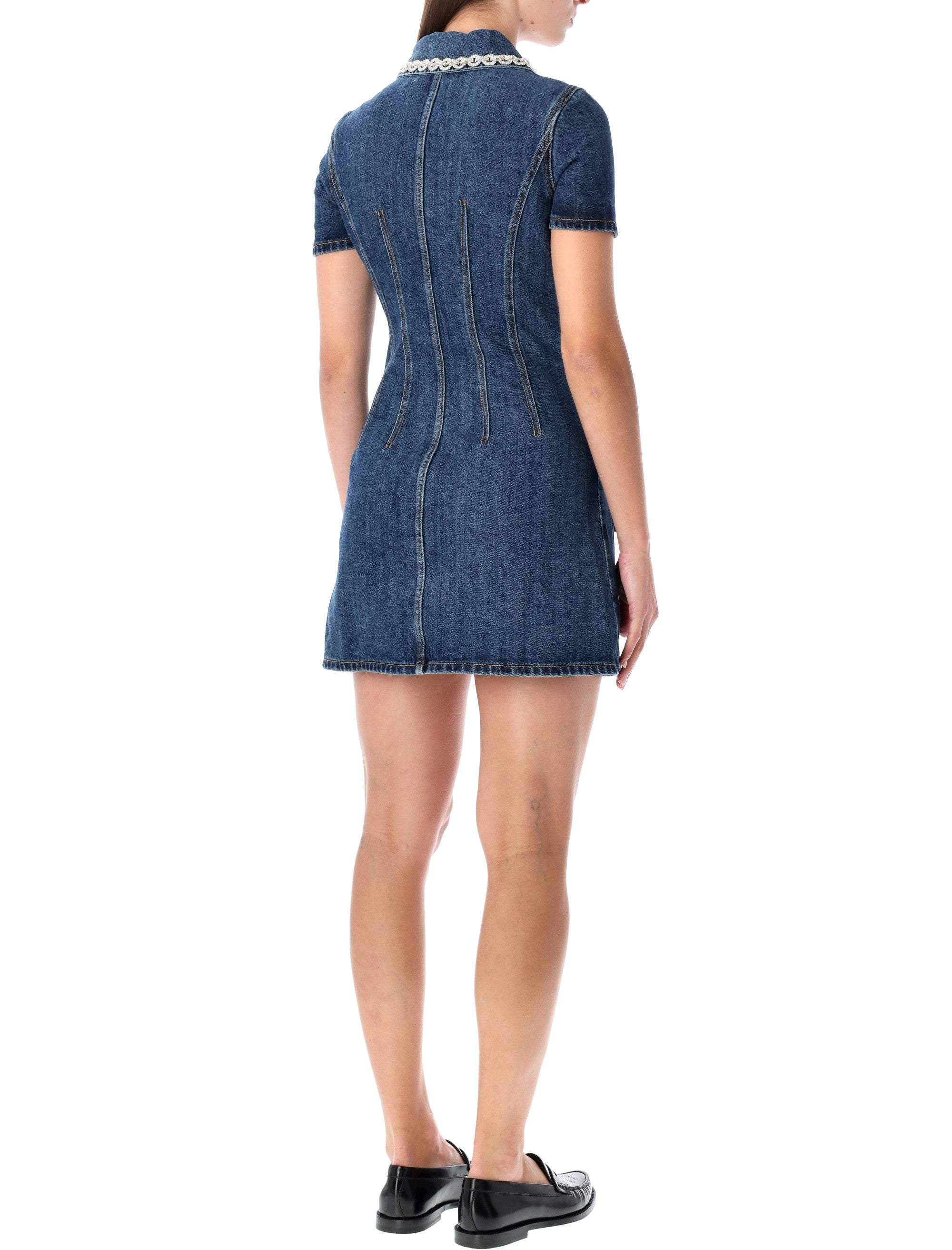 Denim Mini Dress With Crystal-Embellished Collar