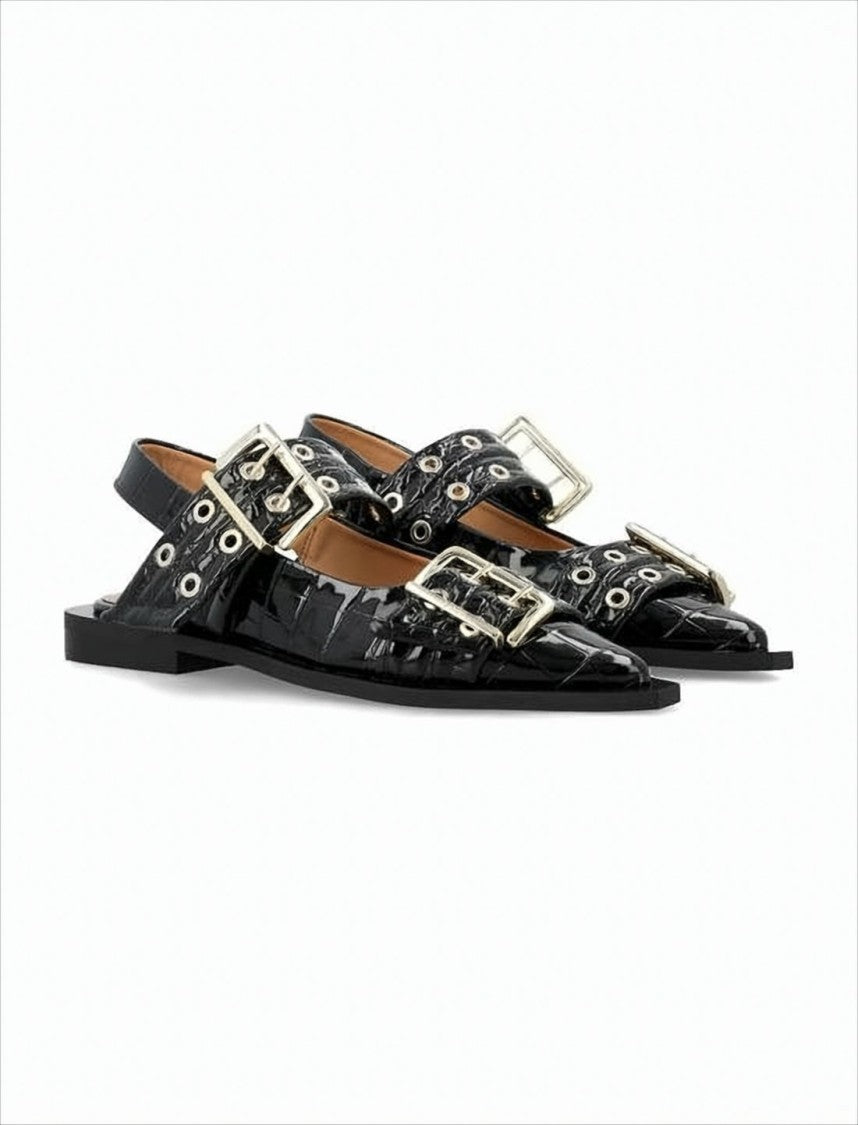 Pointed Toe Flats With Gold-Tone Buckles