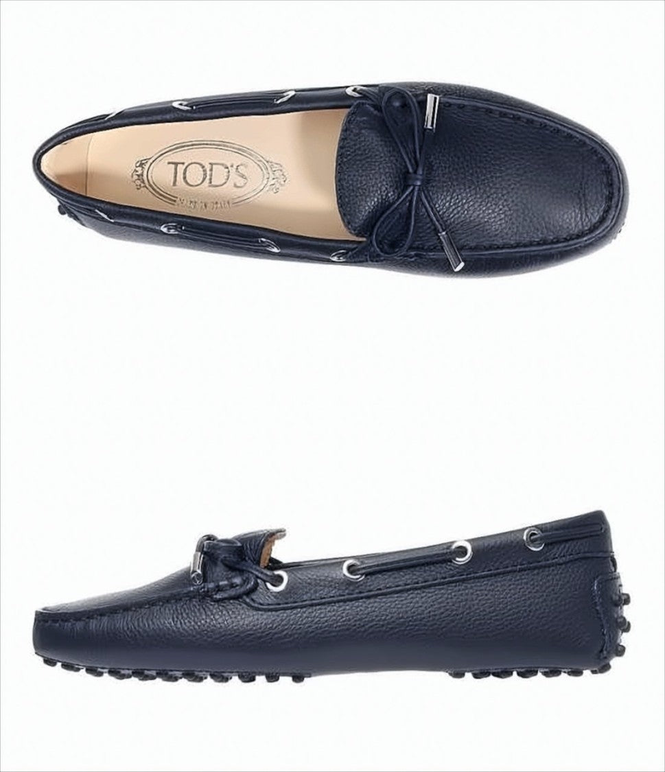 Pebbled Leather Loafers with Decorative Bow and Studded Sole
