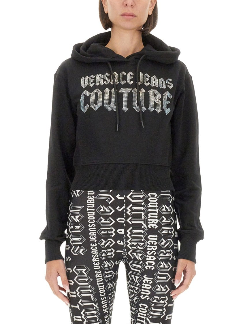 Cropped Black Sweatshirt With Hood And Logo Detail