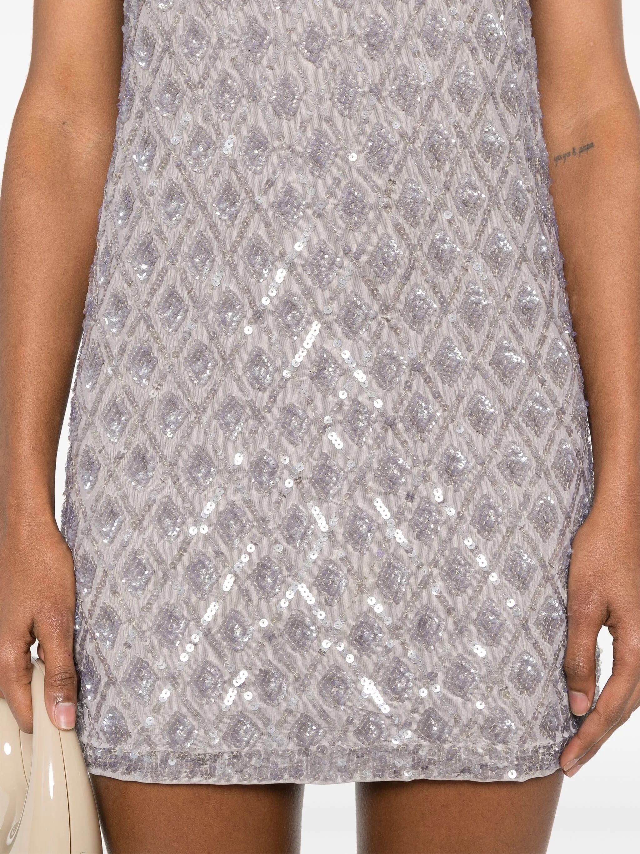Grey Intricate Embroidered Sequin Polyamide Mini Dress