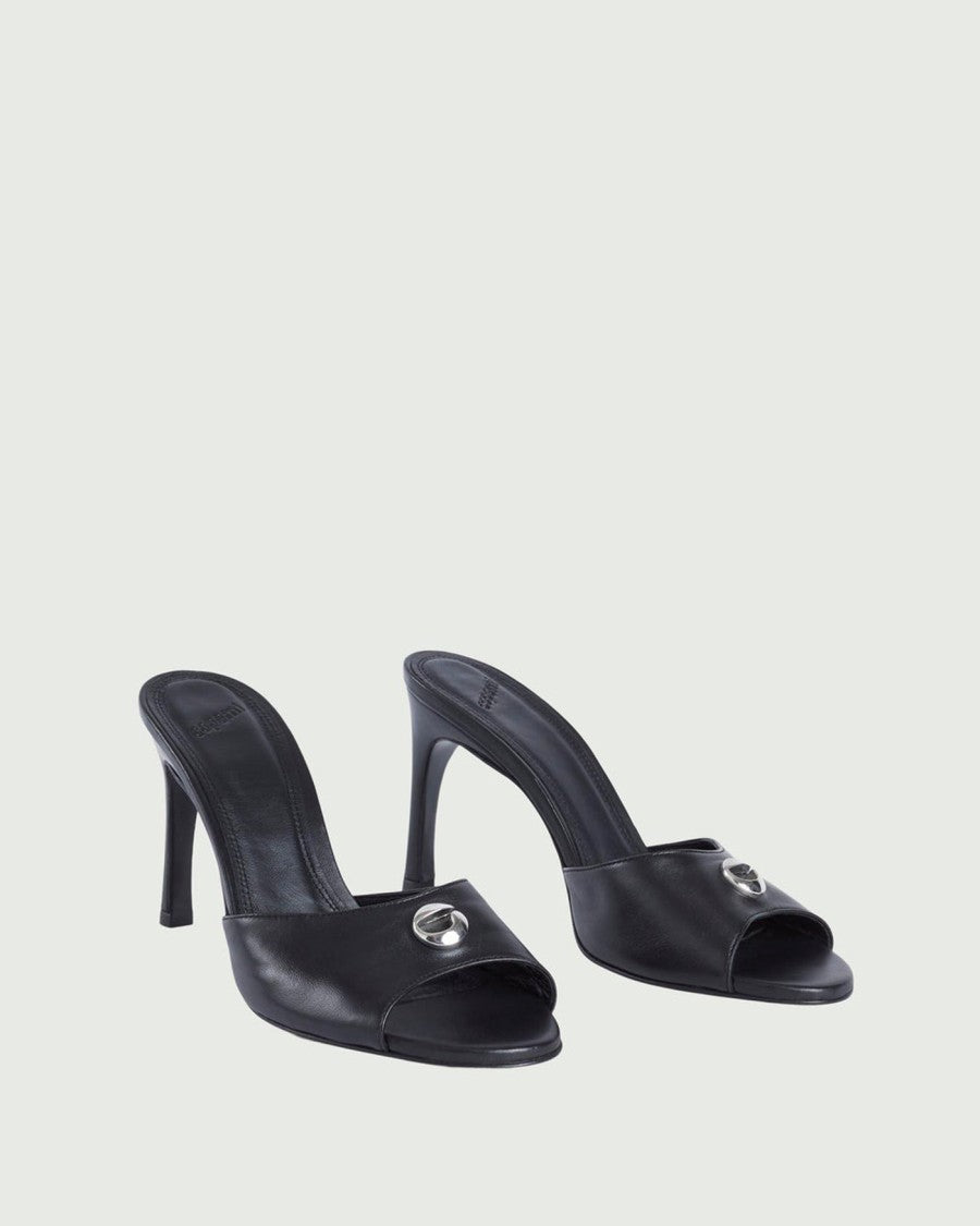 Open-Toe Black Lamb Leather Mules