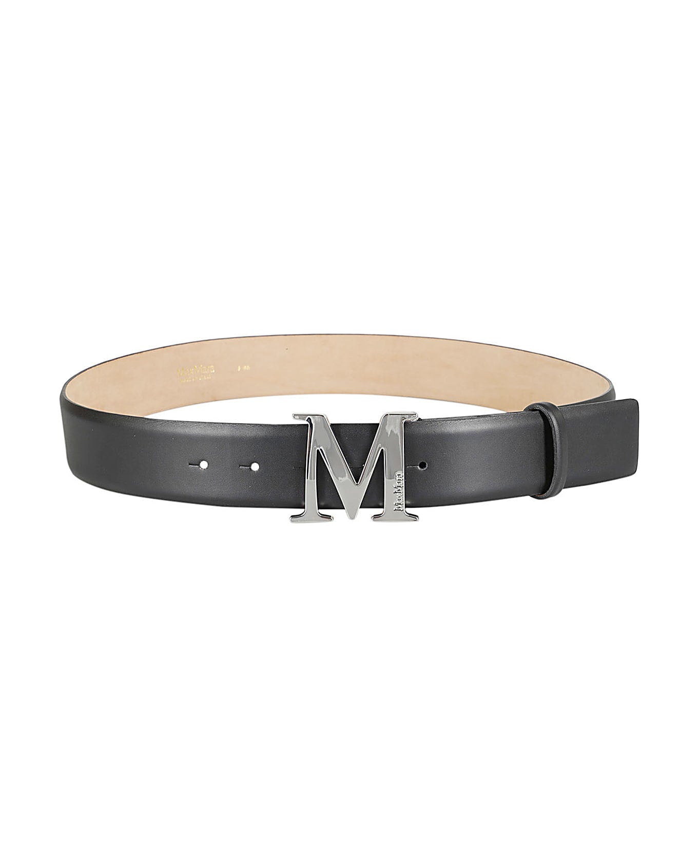Smooth Black Leather Belt with Polished Silver Letter 'M' Buckle