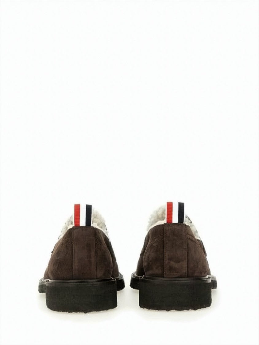 Dark Brown Suede Loafers with Shearling Lining and Tricolor Detail