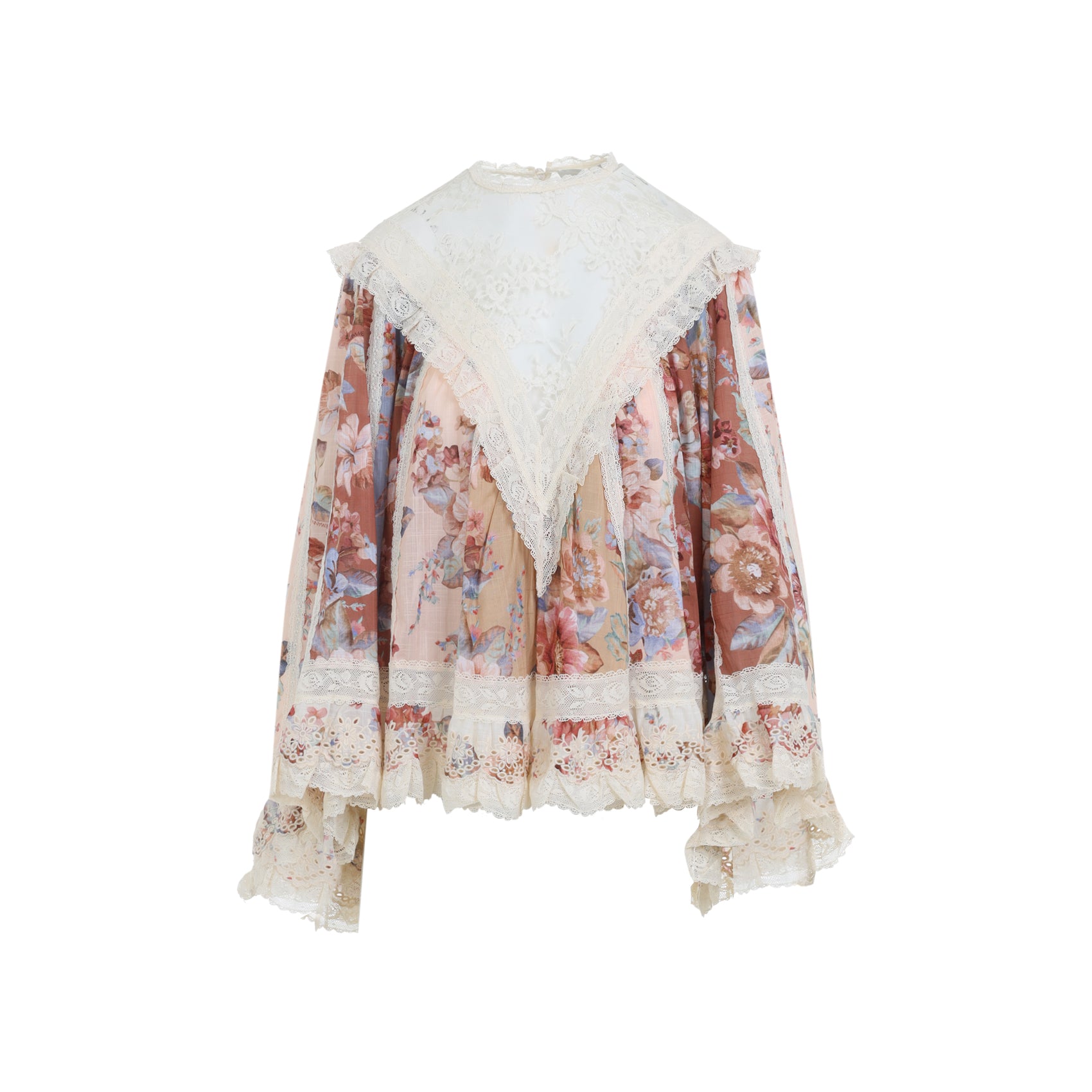 Multicolor Floral Print Blouse With Lace Yoke