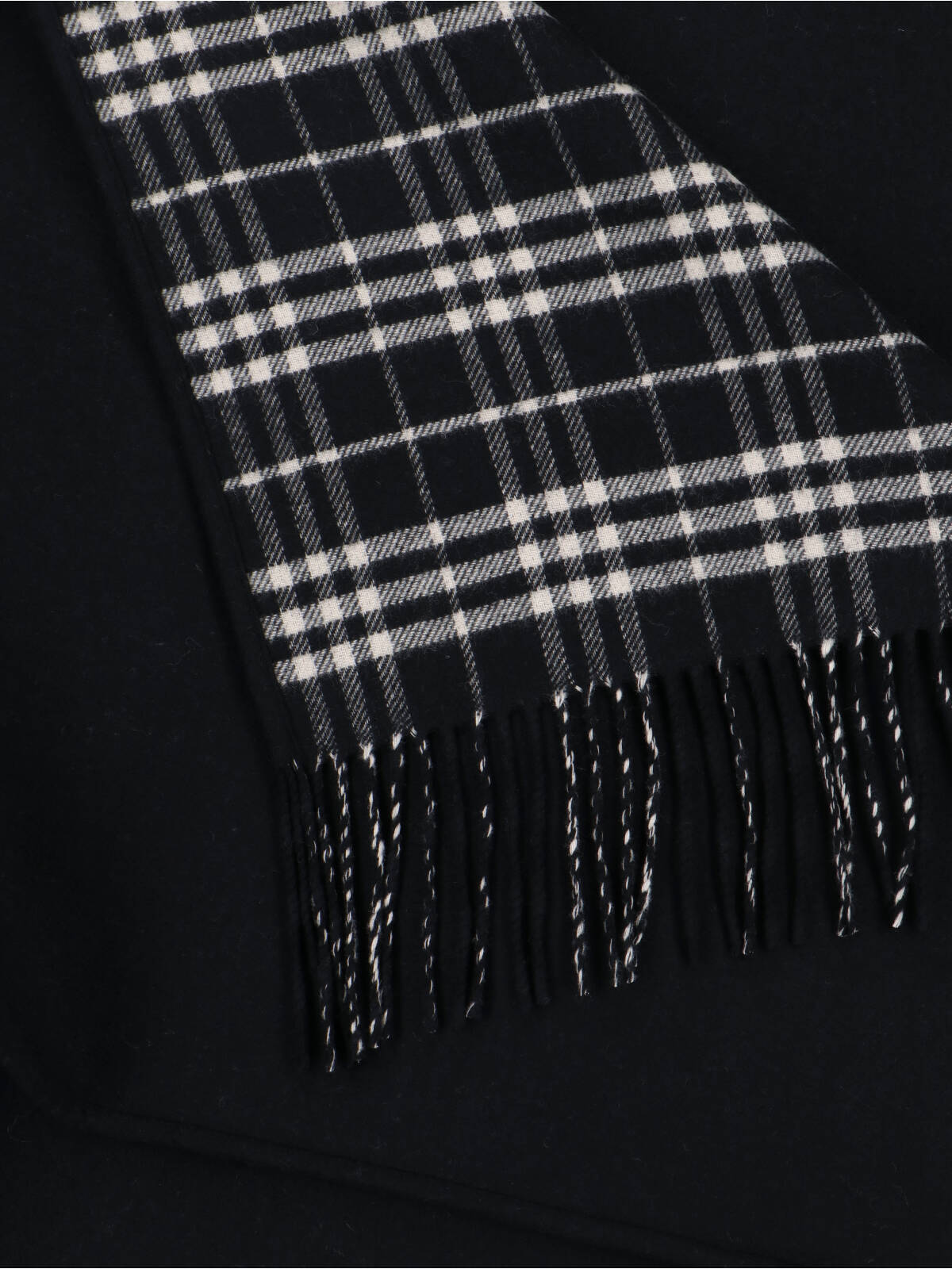 Black Reversible Check Wool Fringed Cape