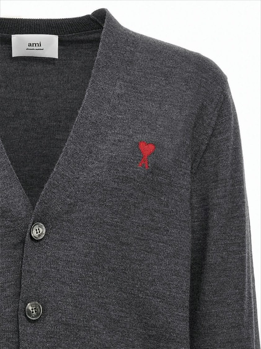 V-Neck Grey Wool Cardigan With Button-Down Front