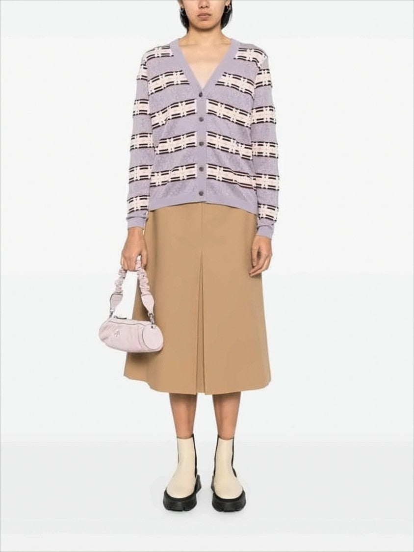 Lilac Striped Textured Knit Cardigan With V-Neckline