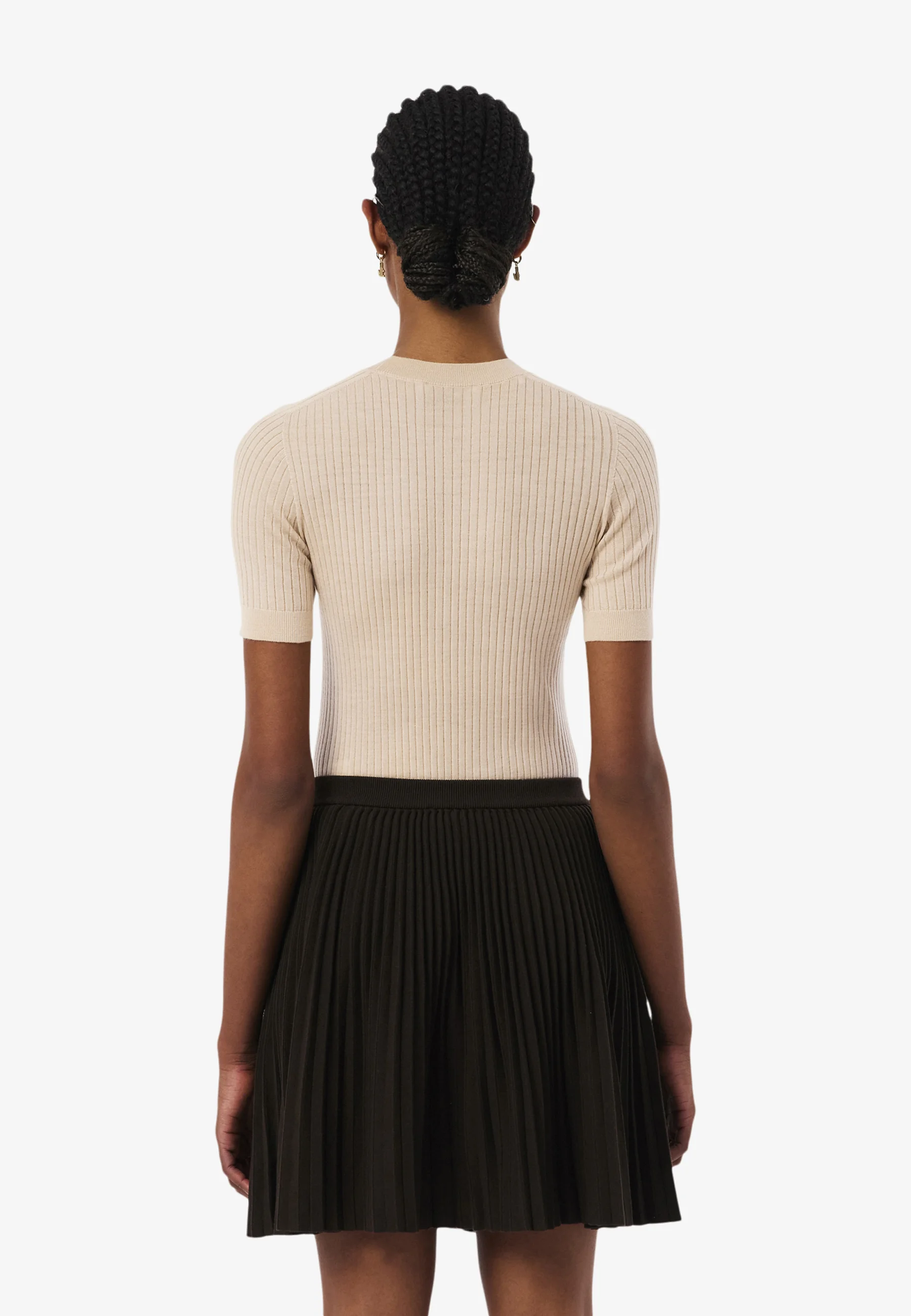 Beige Short Sleeve Ribbed Knit Top