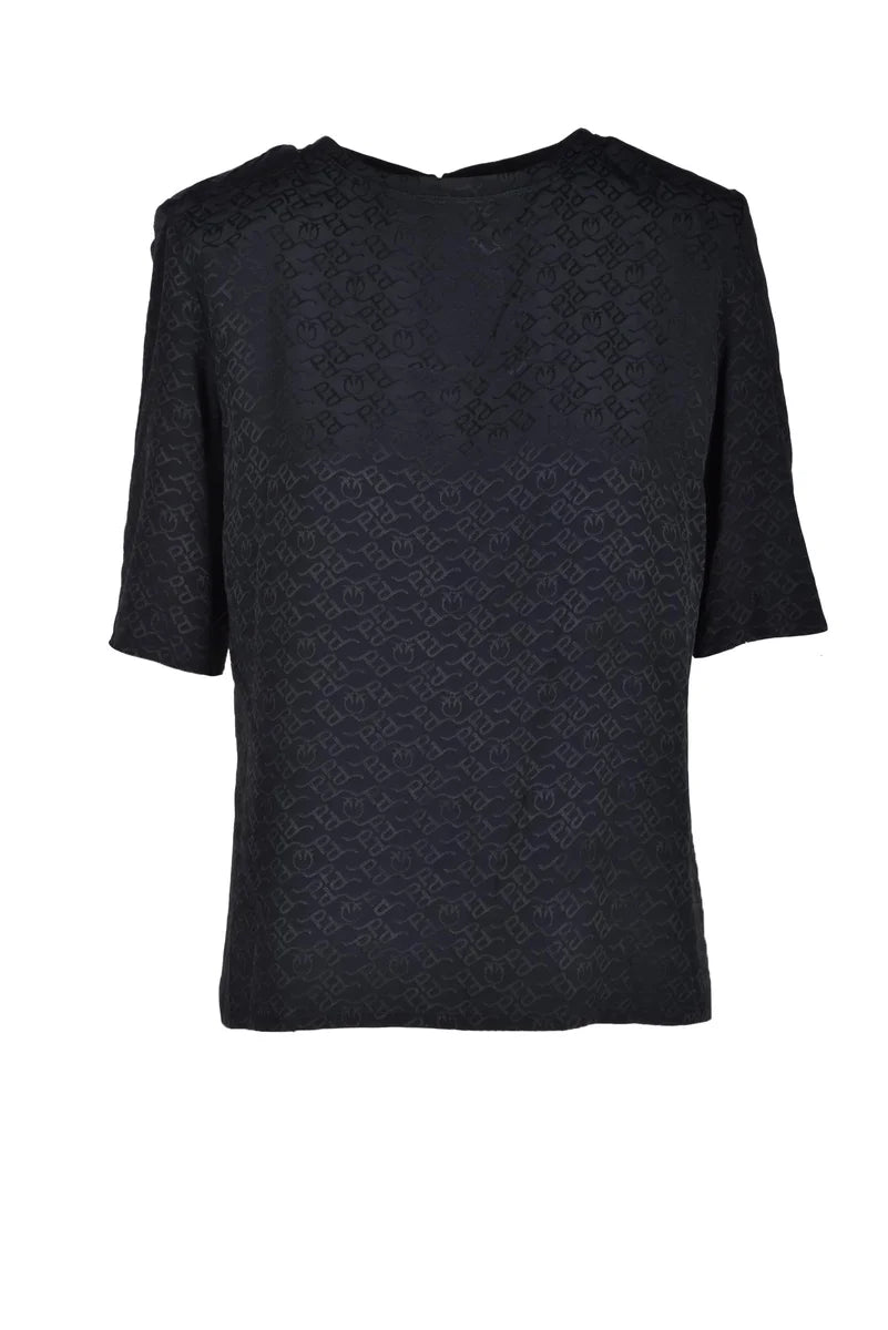 Short-Sleeved Black Blouse with Jacquard Pattern