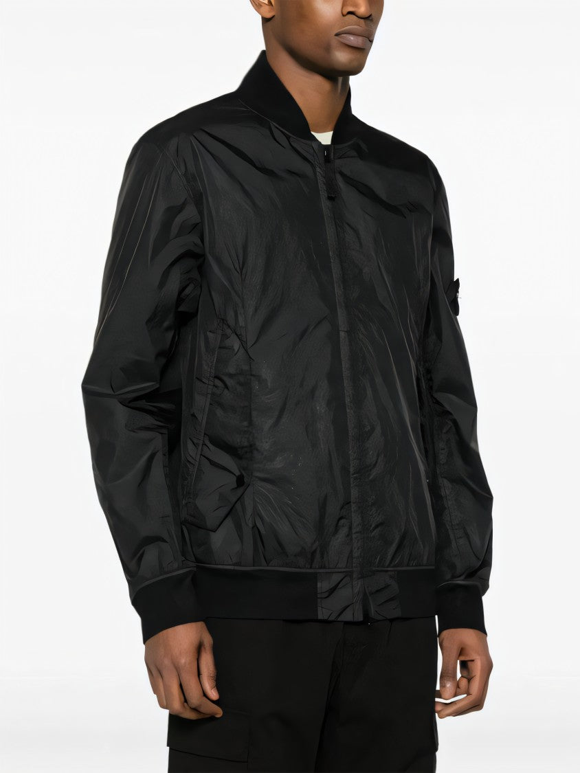 Black Leather Jacket With Zip Front And Logo Patch