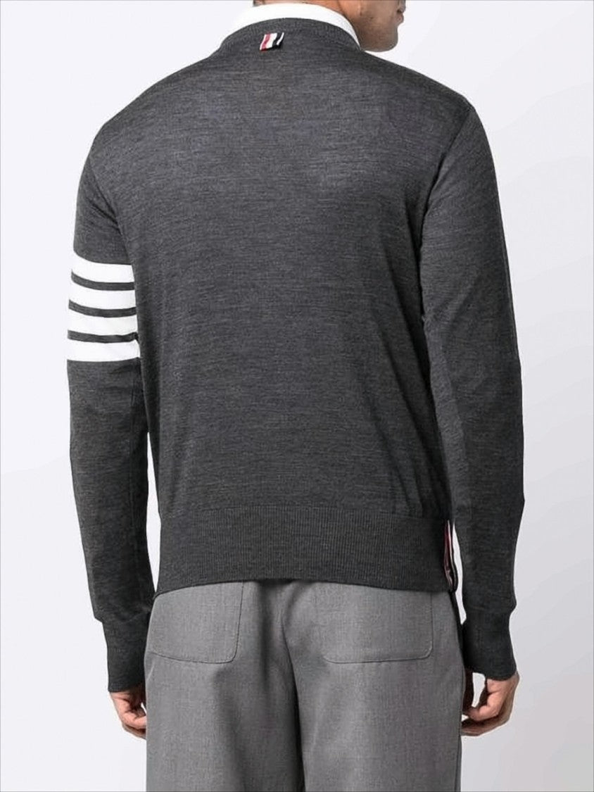 Dark Grey Merino Wool Sweater with Striped Detail