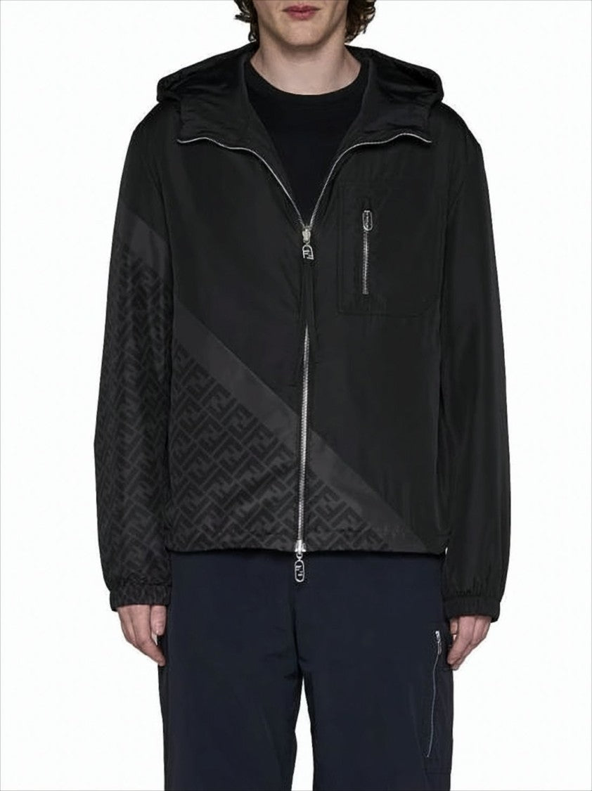 Hooded Black Jacket with Tonal Pattern