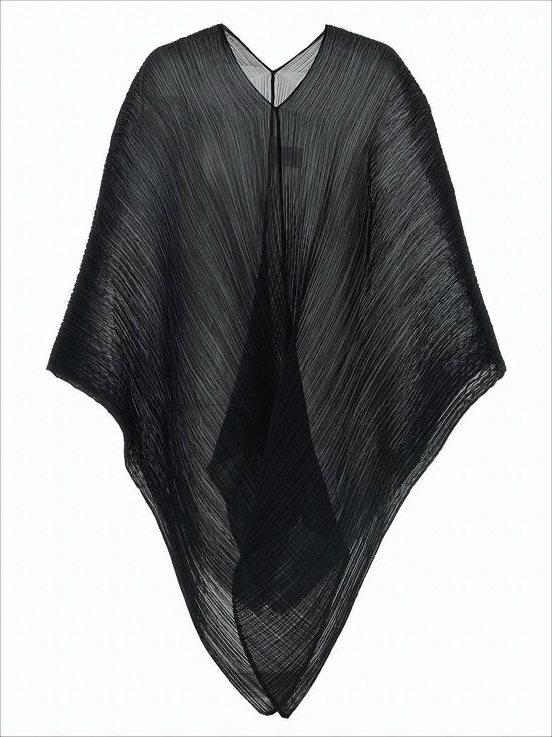 Textured Black Pleated Cape with High Neckline