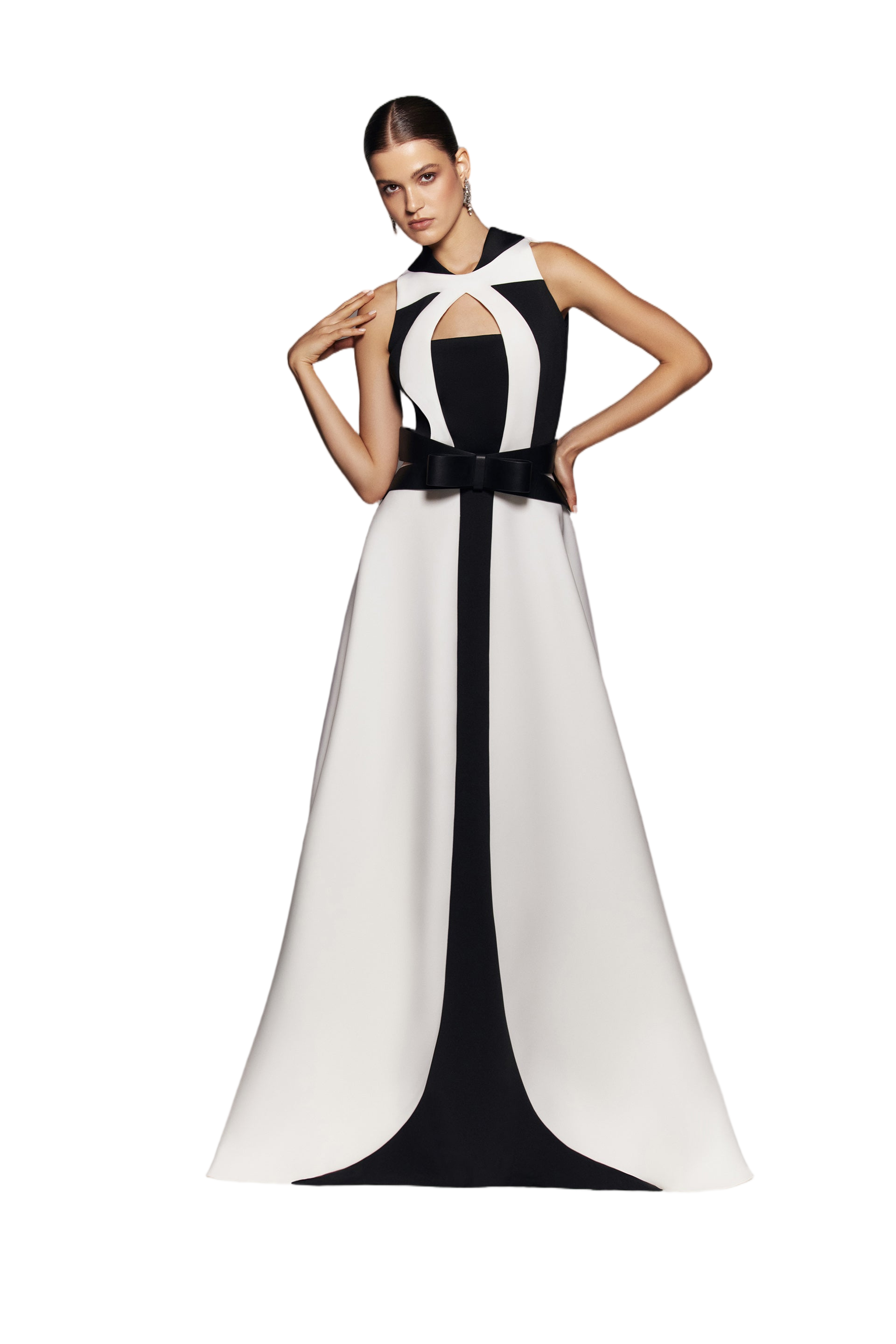 Neoprene Dress With Geometric Cutouts And Bow Belt