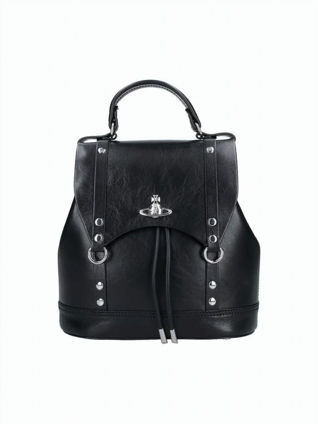 Black Structured Leather Orb Emblem Backpack