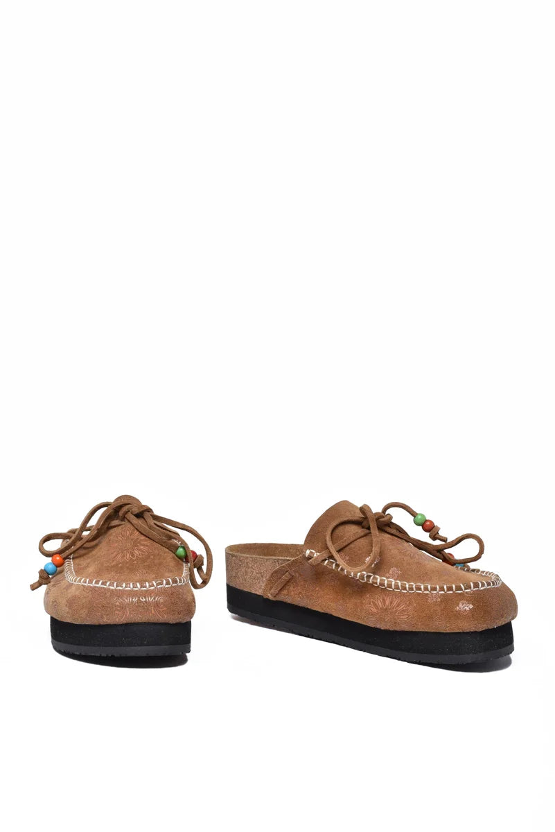 Suede Leather Mules with Decorative Bow