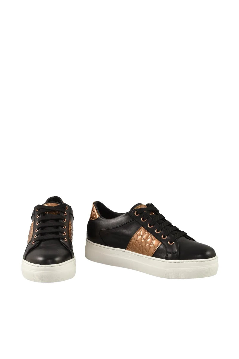 Black Leather Sneakers with Textured Bronze Accents