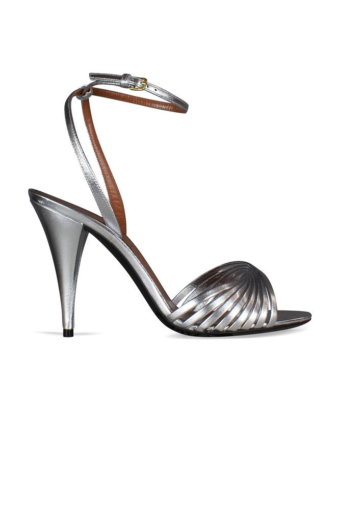 Silver Metallic Leather Sandals With Overlapping Straps