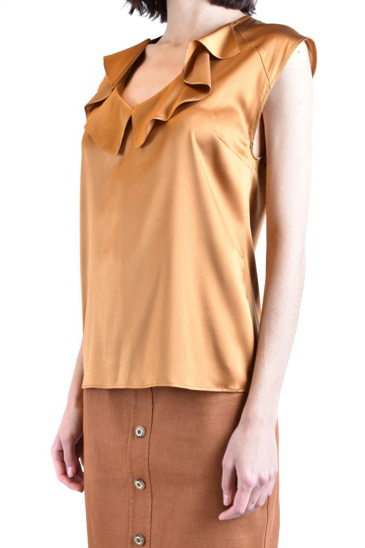 Multicolored Silk Top With Ruffled V-Neckline
