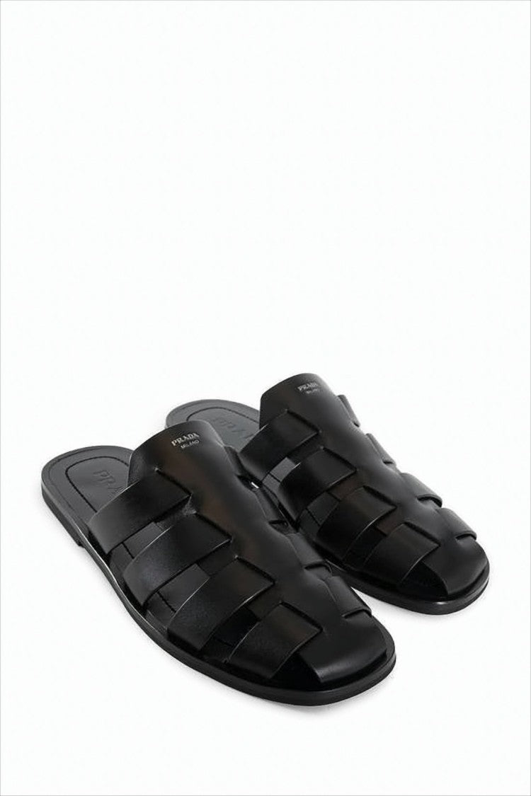 Woven Strap Black Leather Mules