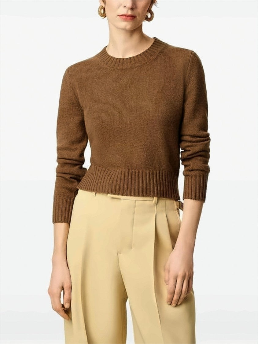 Cropped Brown Cashmere Blend Sweater with Heart Detail