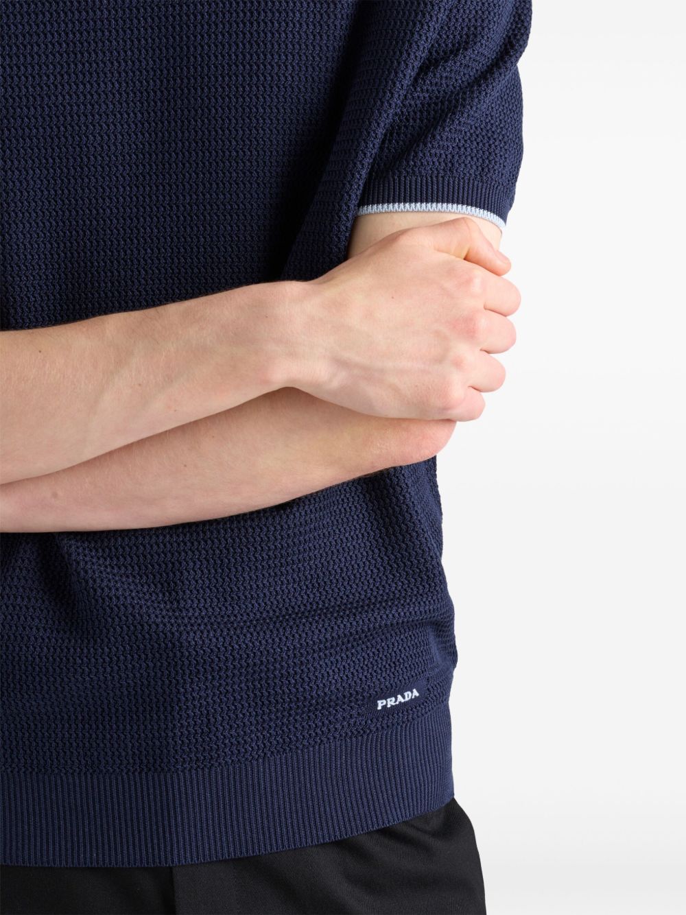 Navy Blue Short-Sleeve Sweater With Contrasting Border