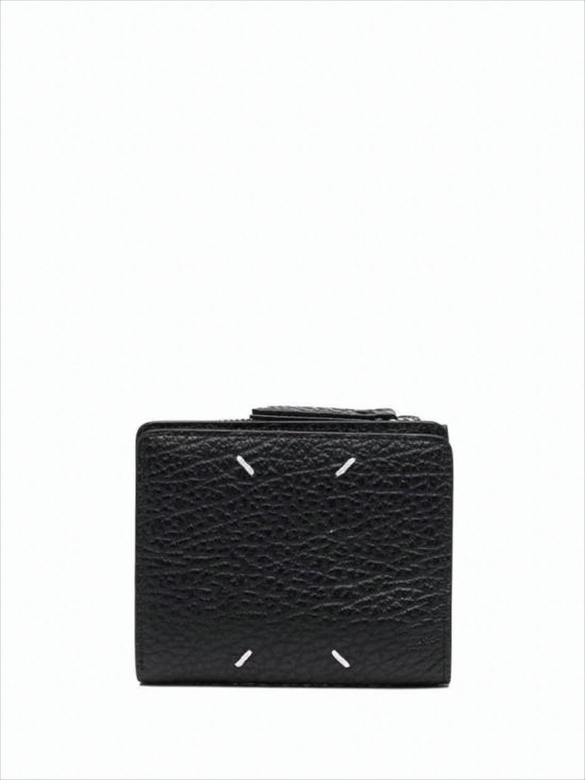 Textured Calf Leather Compact Wallet With Distinctive Stitches