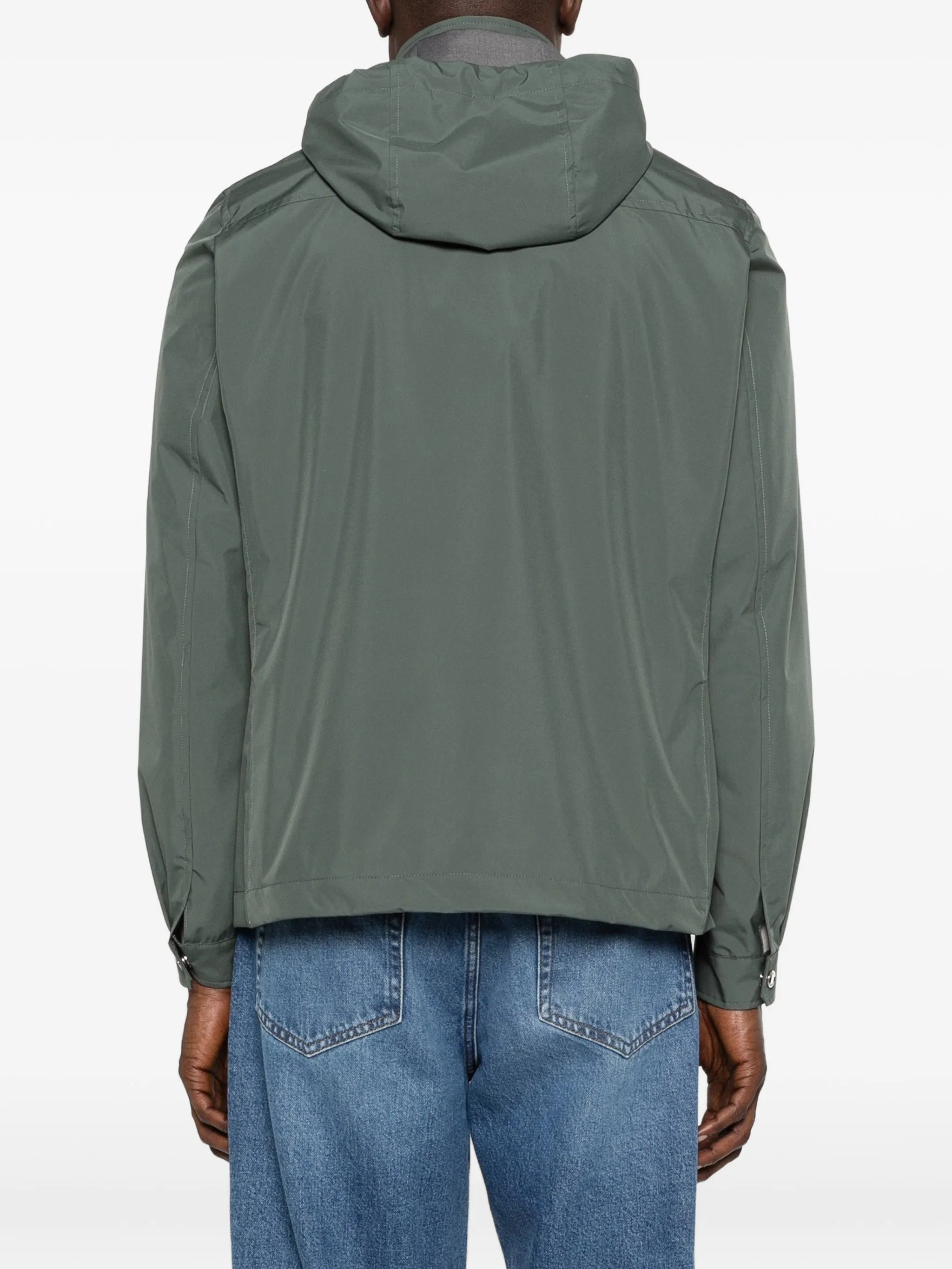 Muted Green Jacket With Adjustable Hood And Functional Pockets