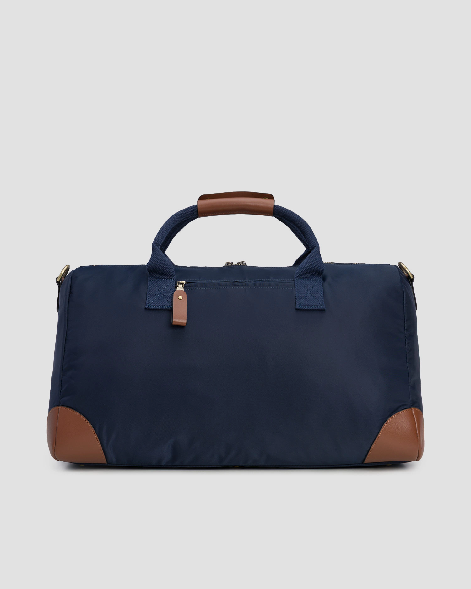 Navy Blue Duffle Bag with Brown Leather Accents