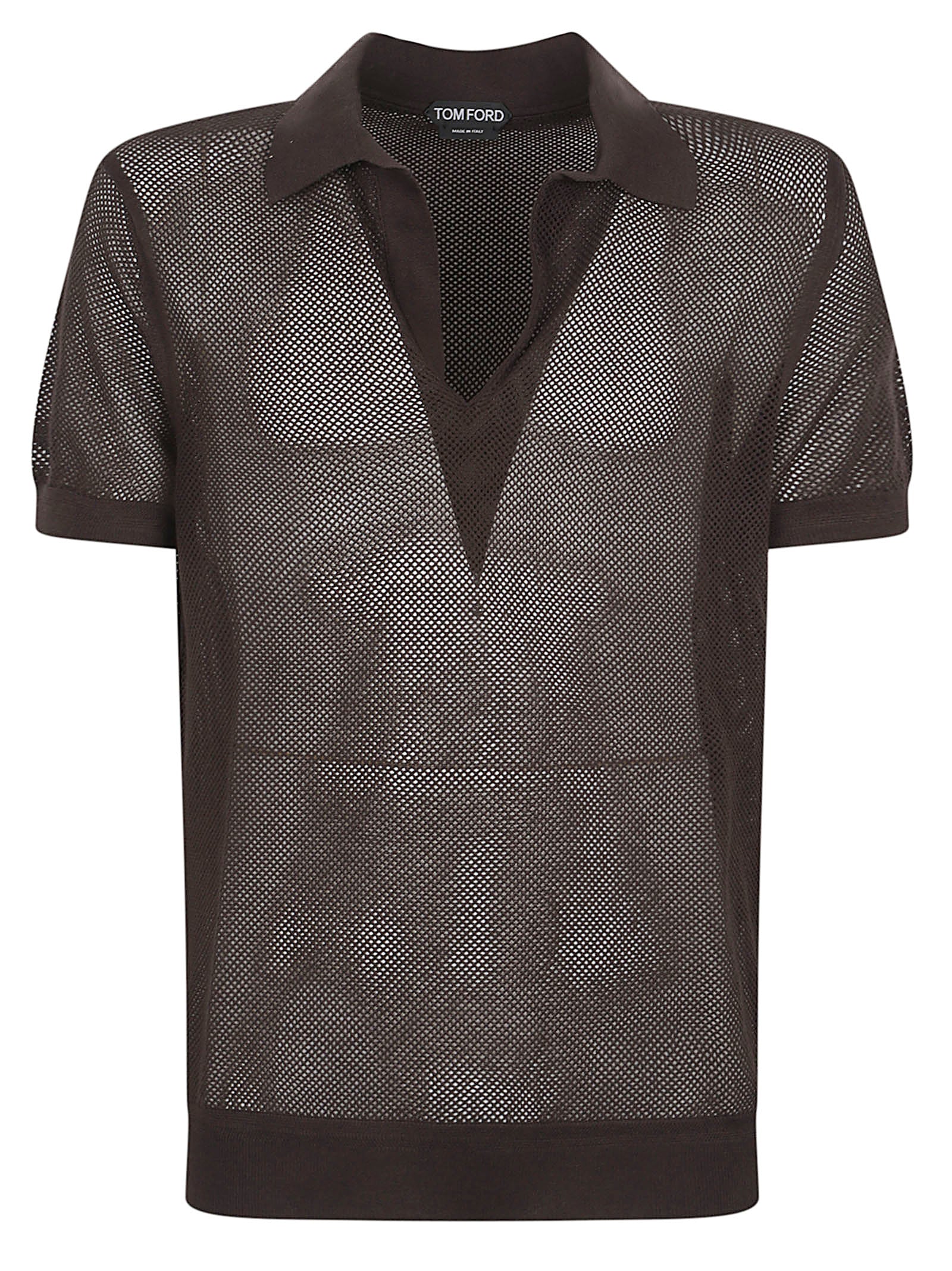 Semi-Transparent Brown Mesh Knit Polo Shirt