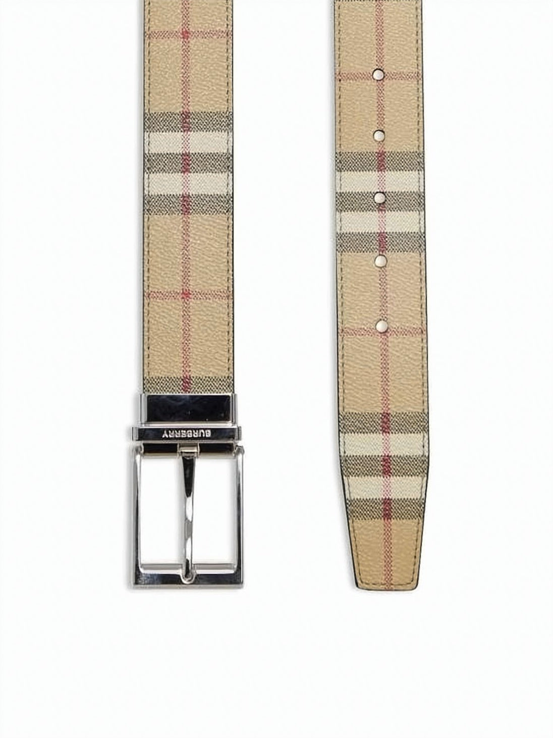 Beige Check Pattern Burberry Leather Belt with Polished Buckle