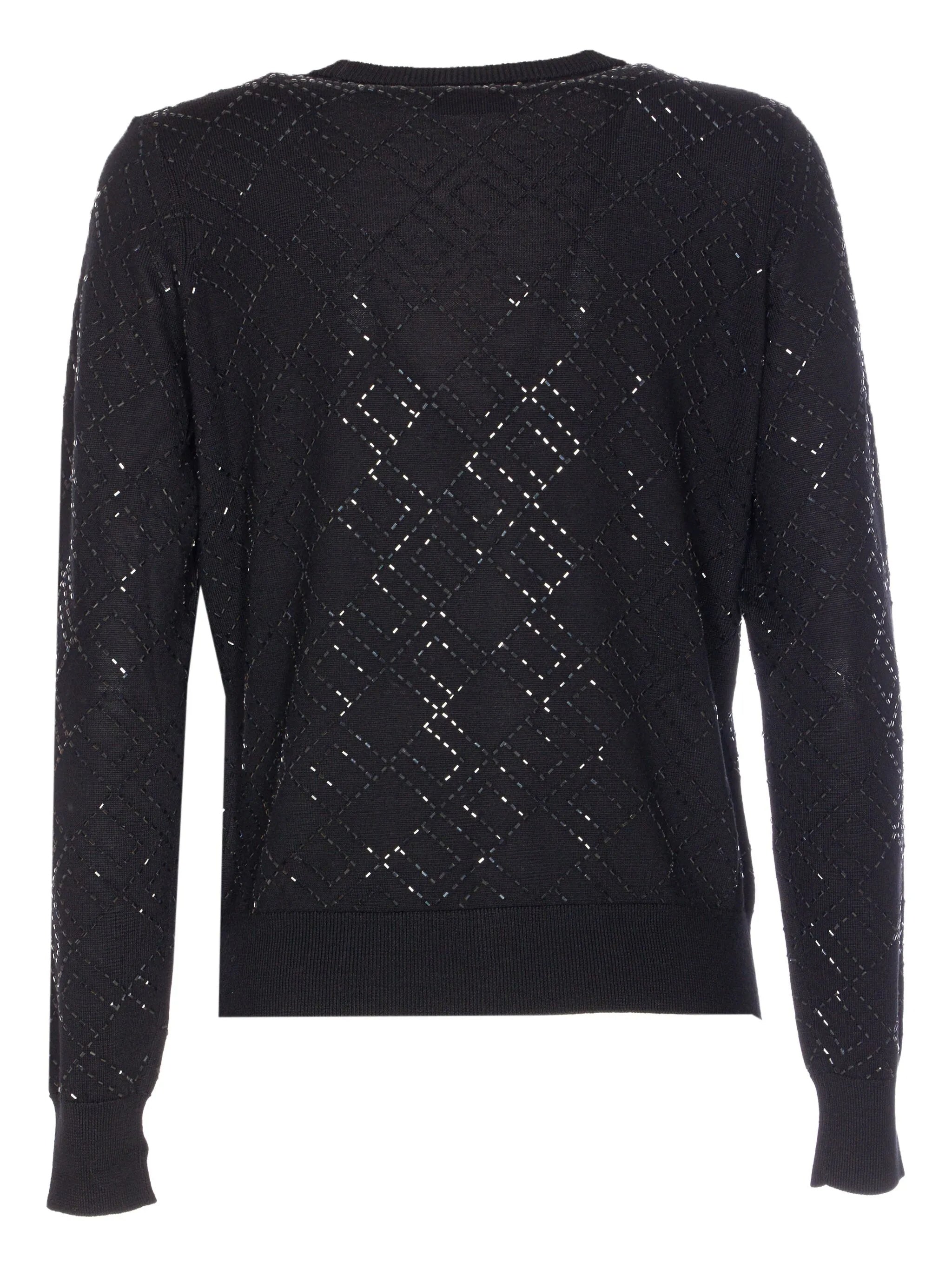 Diamond-Pattern Black V-Neck Knit Cardigan