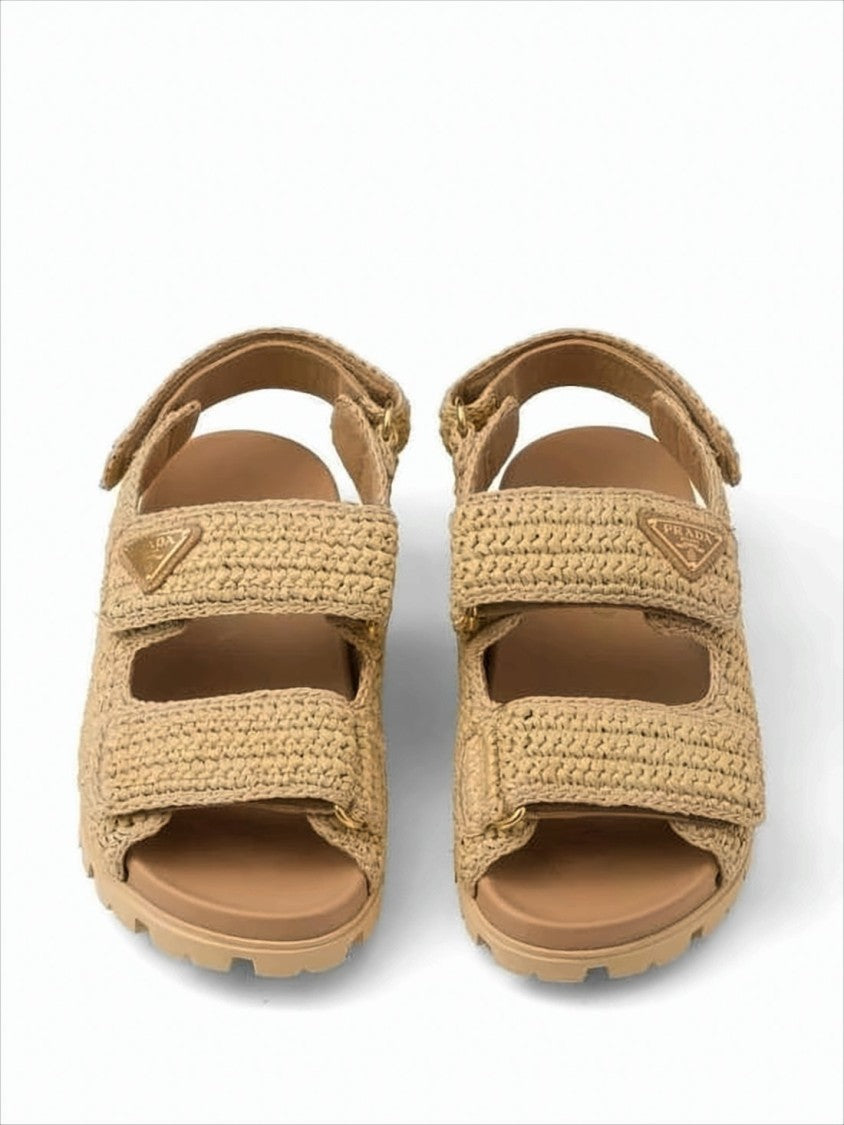 Woven Texture Sandals With Adjustable Straps And Triangular Logo