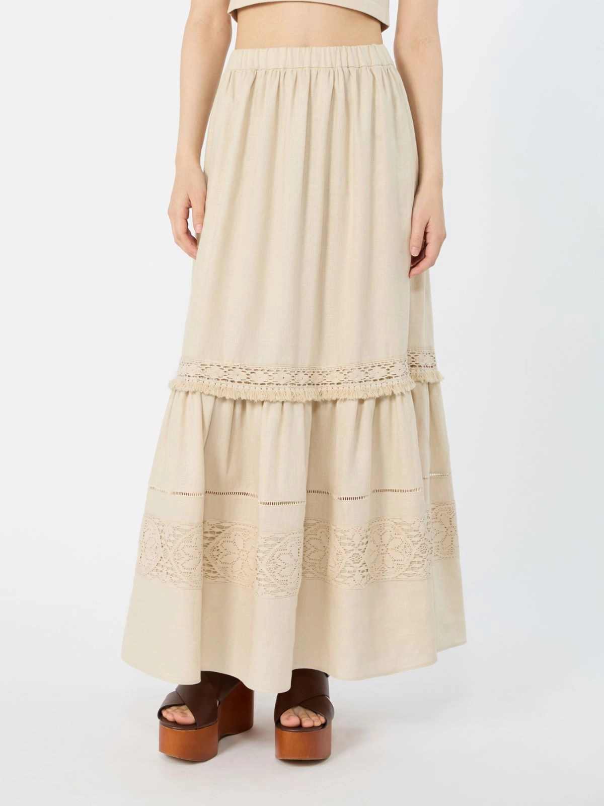 Tiered Midi Skirt with Lace Inserts