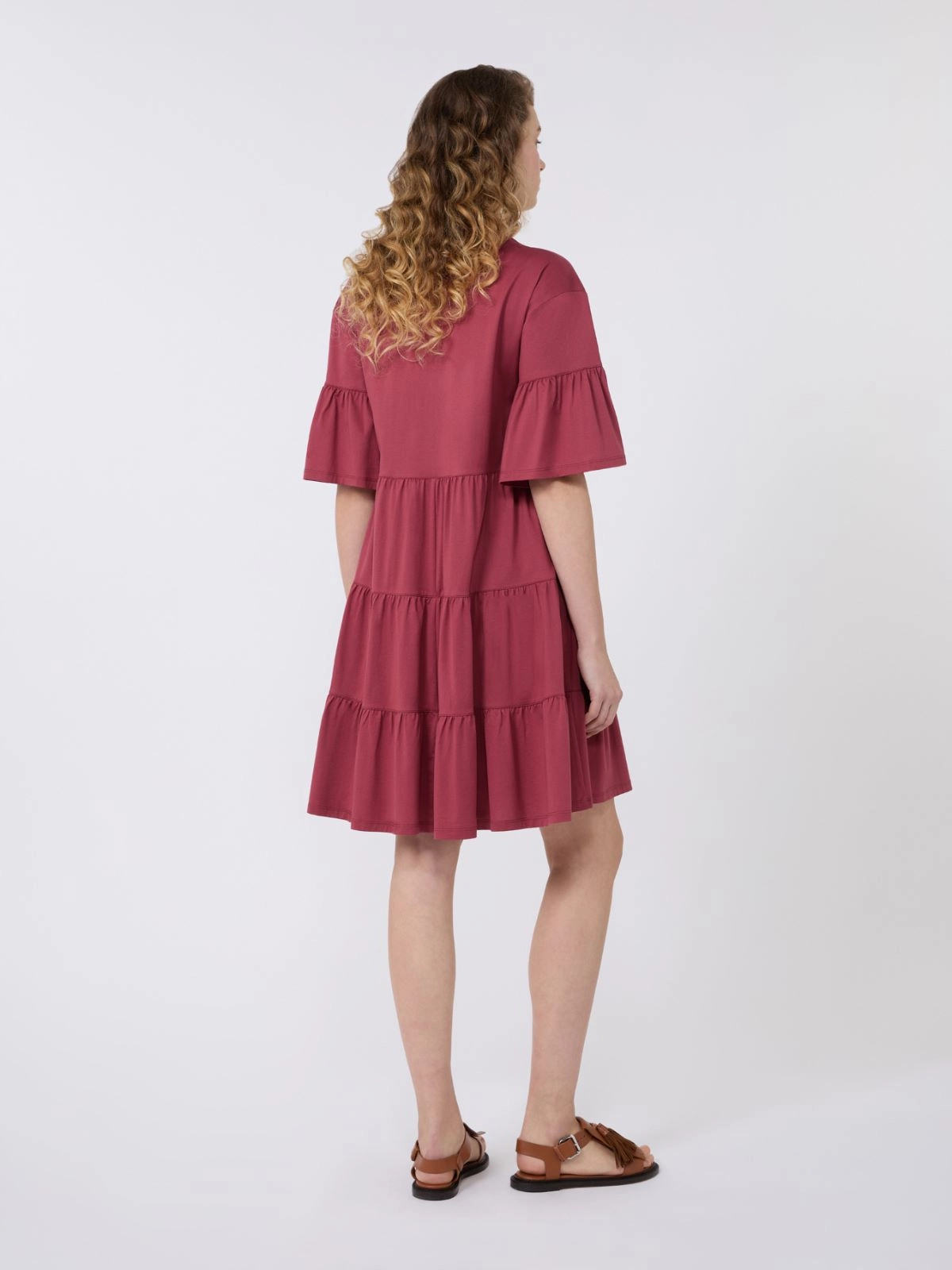 Loose Tiered Dress with Ruffled Sleeves and V-Neckline