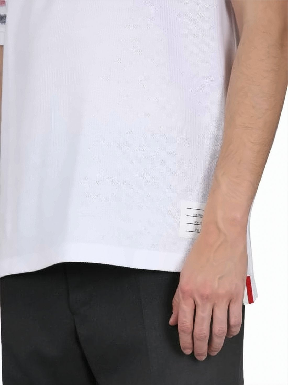 Classic White Polo Shirt with Red and Gray Stripes