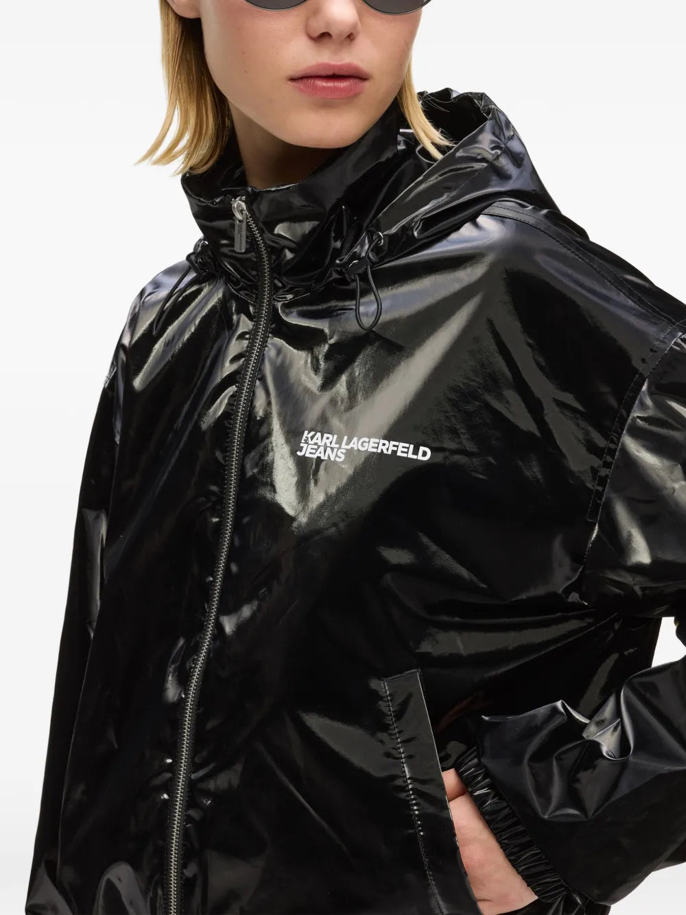 Glossy Black Cropped Jacket with High Collar