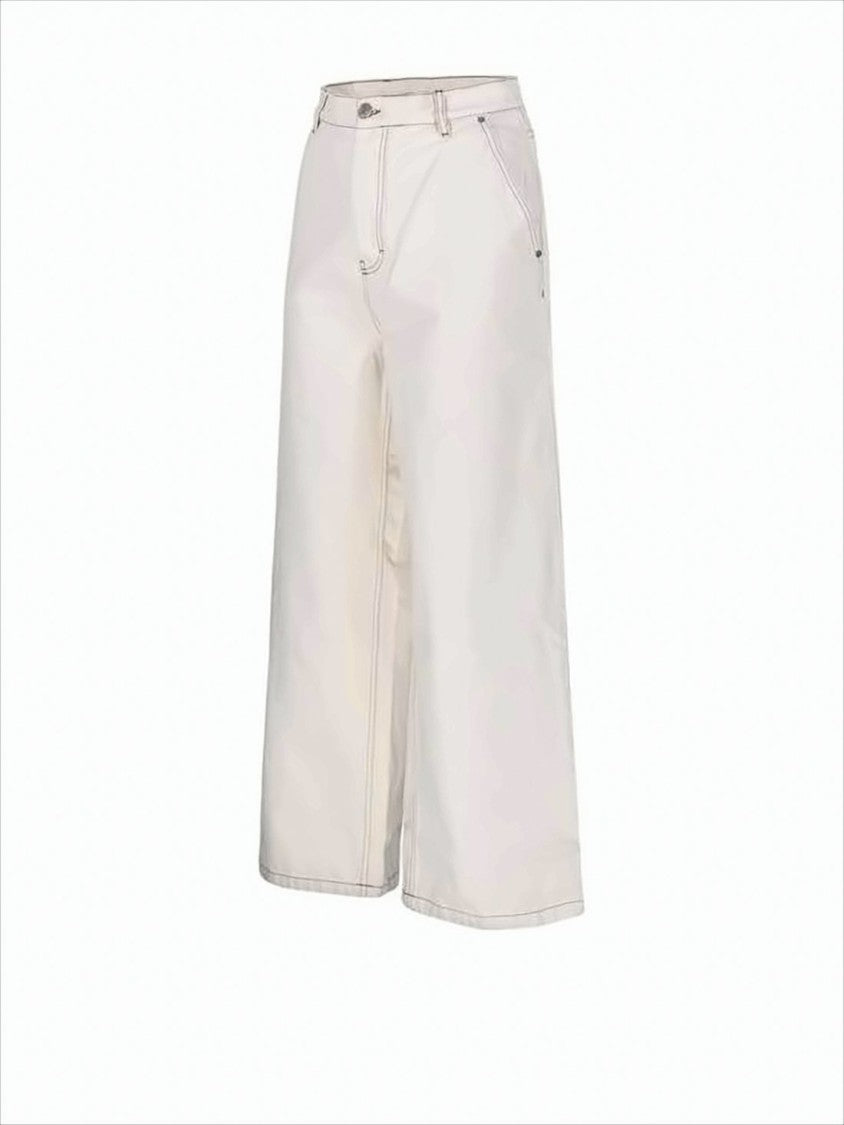 Light Cream Wide-Leg Denim Pants with Contrasting Stitching