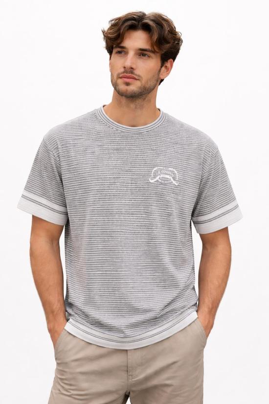 Horizontal Stripe Short-Sleeve T-Shirt With Contrasting Cuffs