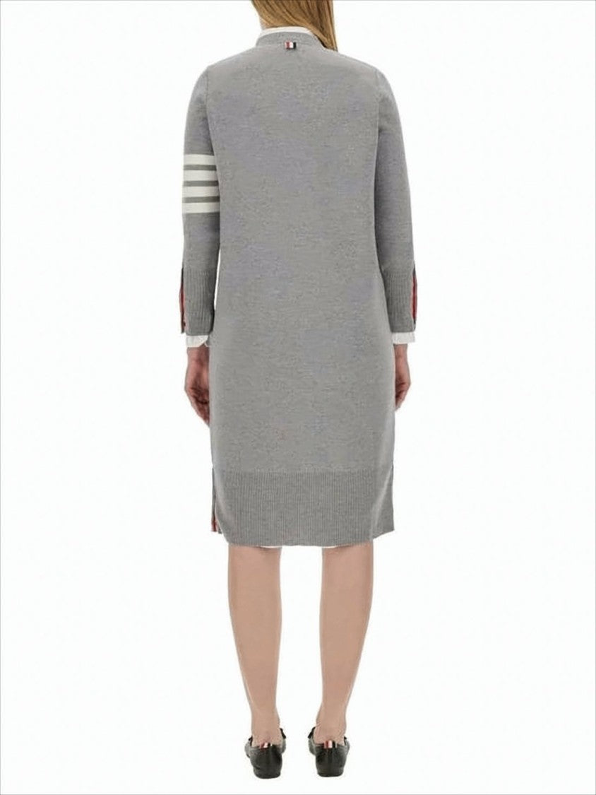Light Grey Merino Wool Cardigan with Signature Stripe Accents