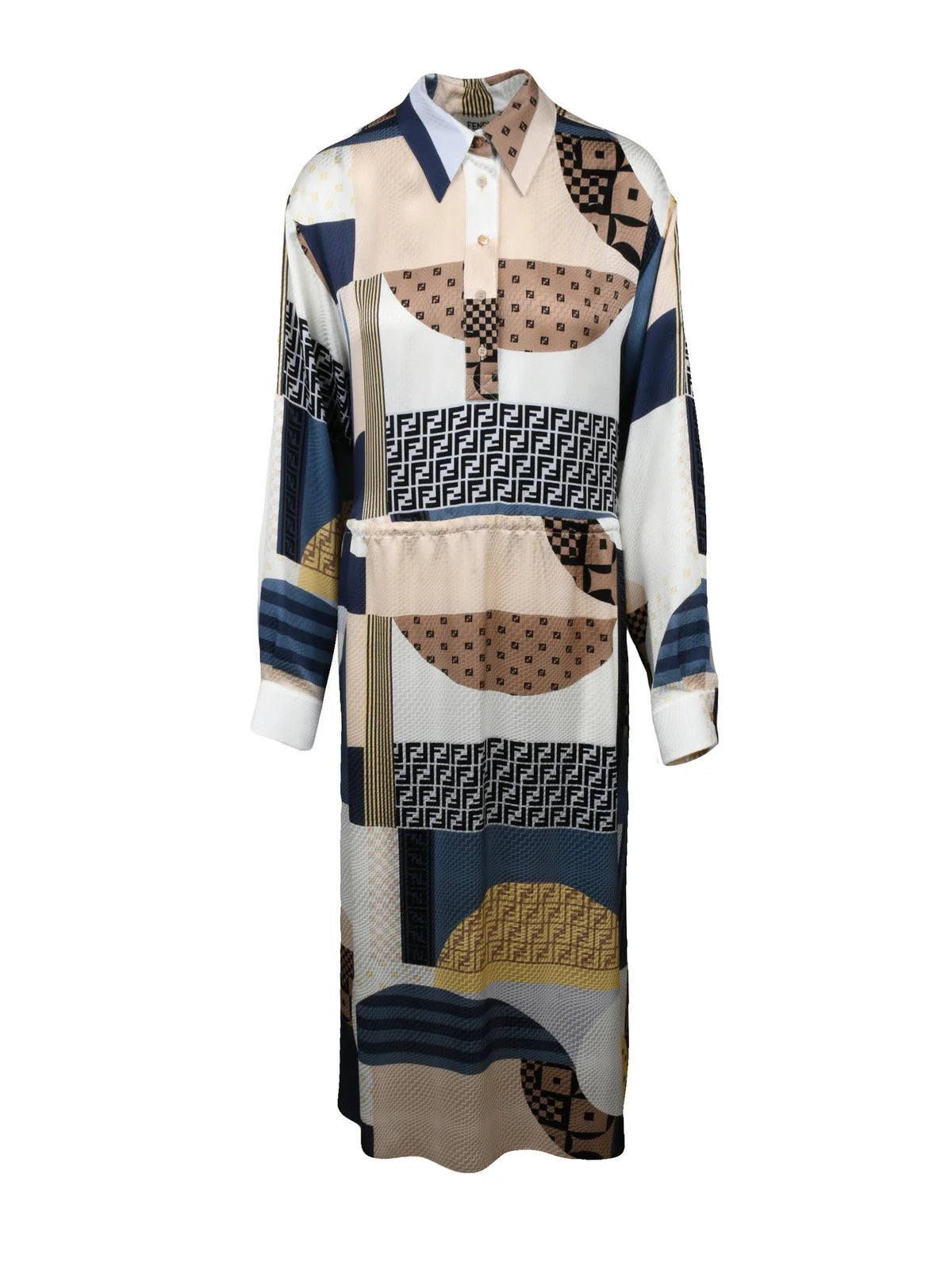 Long Silk Dress with Drawstring - Multicolor
