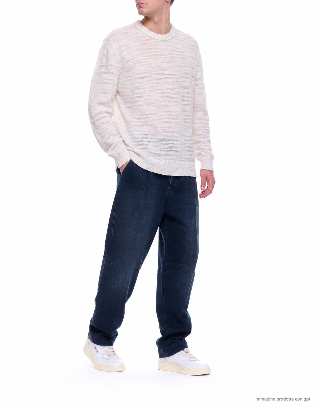 White Slub Crew-Neck Linen Blend Sweater