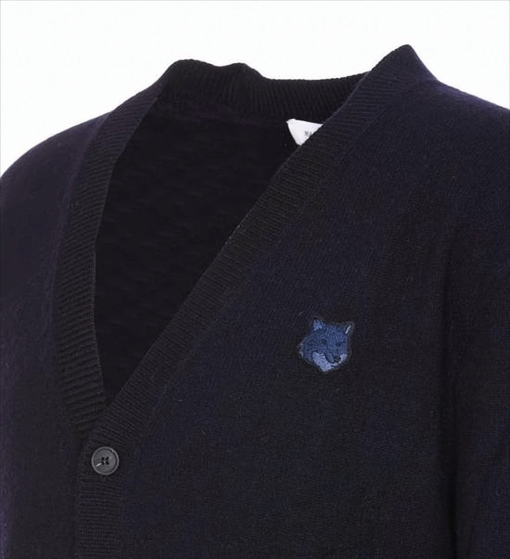 V-Neck Wool Cardigan With Button-Down Front And Embroidered Logo