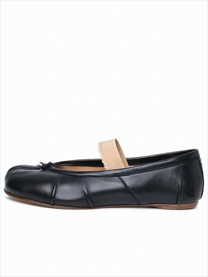 Split-Toe Black Leather Flats with Beige Strap Detail